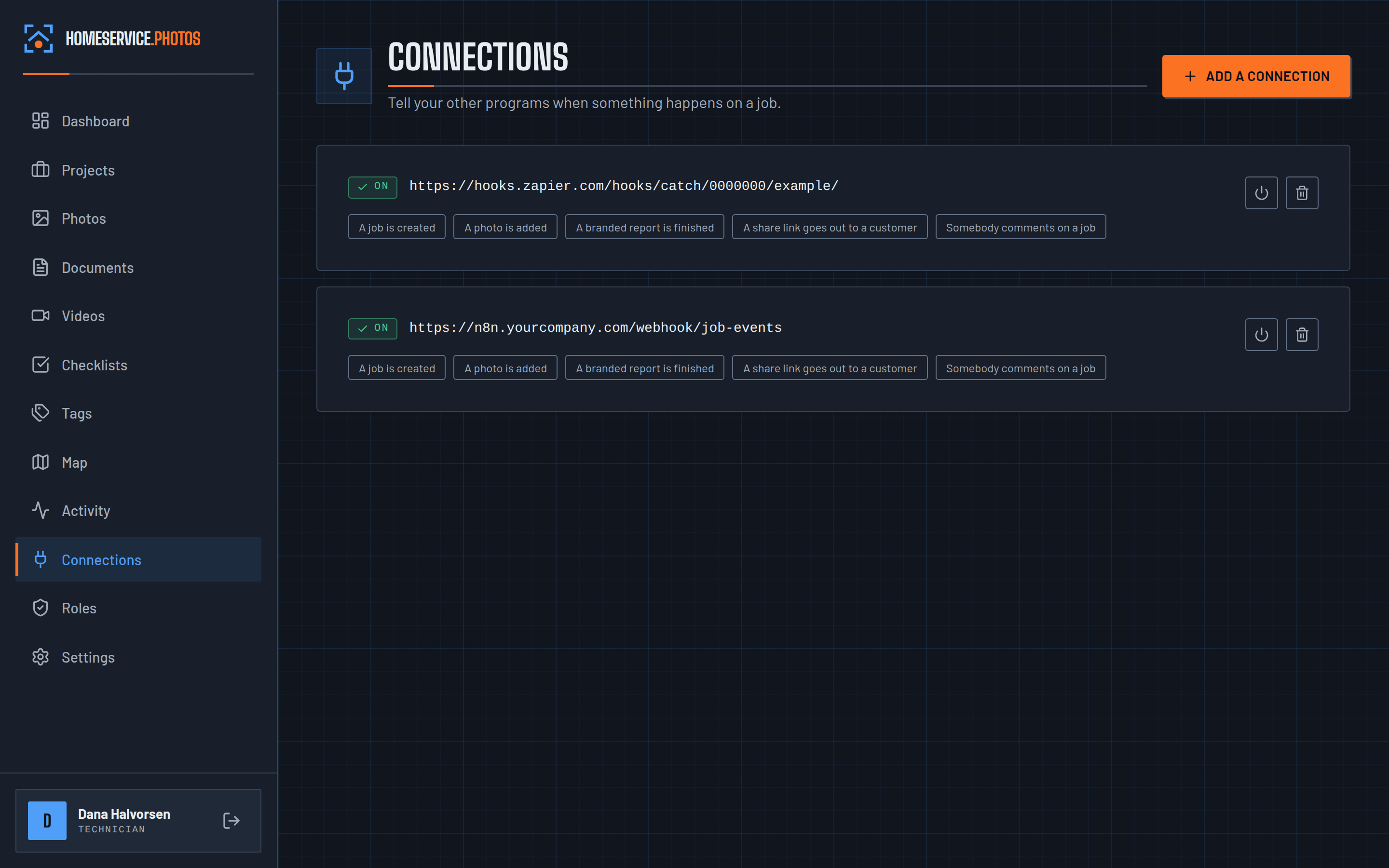 The Connections screen, showing a Zapier address and an n8n address both switched on, each set to fire when a job is created, a photo is added, a branded report is finished, a share link goes out or somebody comments