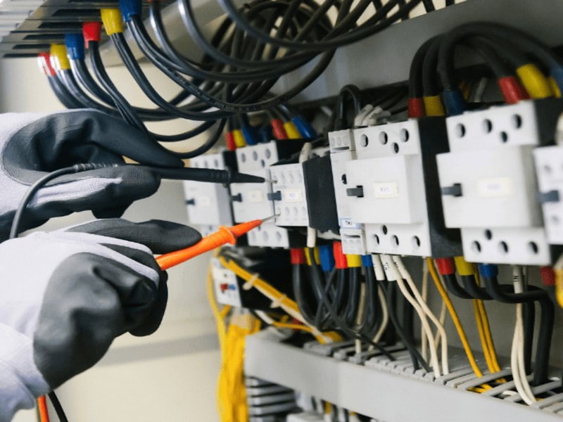 An electrician testing an electrical panel with a multimeter