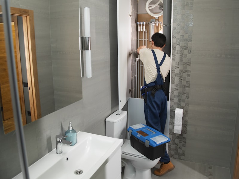 A plumber working on pipework under a bathroom fitting