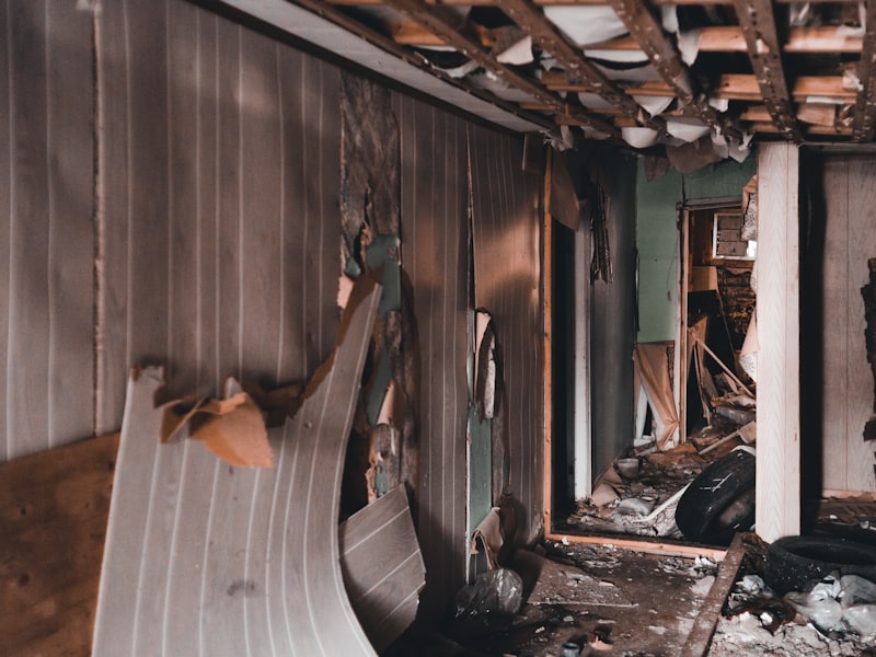 A room stripped back to the studs during restoration work